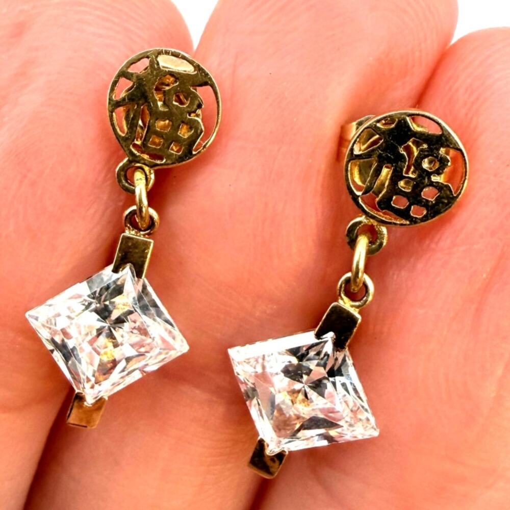 NWOT Chinese Good Luck Fortune 14K Gold Cubic Zirconia Dangle Drop Earrings CZ